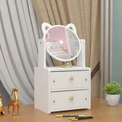 Sminkbord>Spegelsminkbord med kosmetiska organiseringslådor och 360 graders vridbart spegel KLB