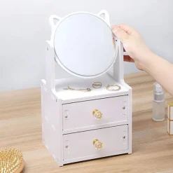 Sminkbord>Spegelsminkbord med kosmetiska organiseringslådor och 360 graders vridbart spegel KLB