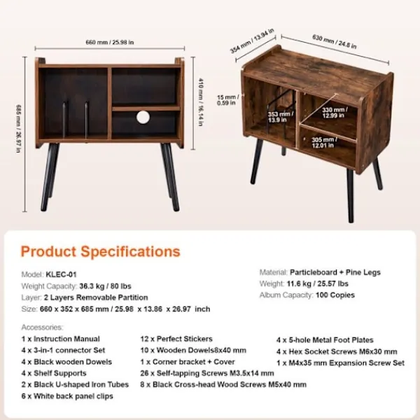 DUOKU Hyllor>Stöd för skivspelare--Kan rymma upp till 100 album-med justerbar höjd, för vardagsrum och sovrum-Brun