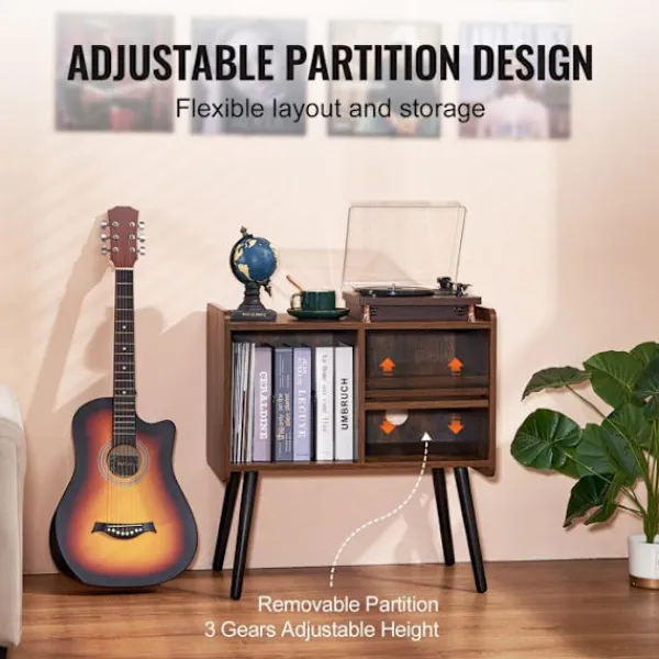 DUOKU Hyllor>Stöd för skivspelare--Kan rymma upp till 100 album-med justerbar höjd, för vardagsrum och sovrum-Brun