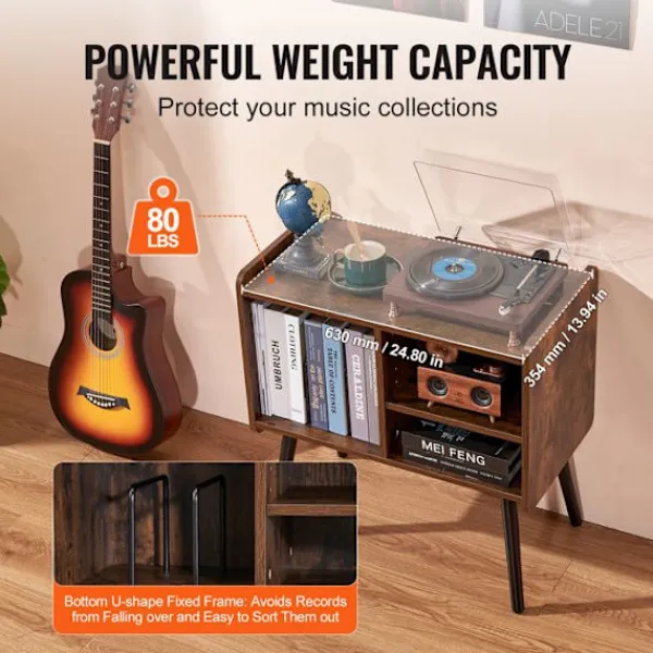 DUOKU Hyllor>Stöd för skivspelare--Kan rymma upp till 100 album-med justerbar höjd, för vardagsrum och sovrum-Brun