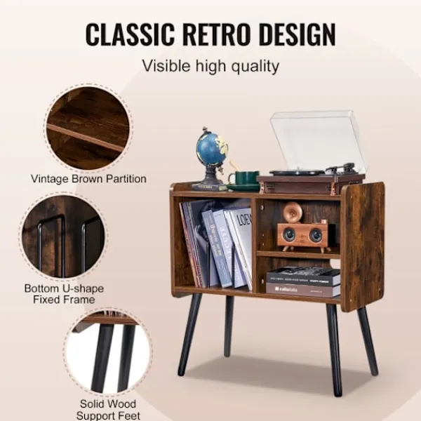 DUOKU Hyllor>Stöd för skivspelare--Kan rymma upp till 100 album-med justerbar höjd, för vardagsrum och sovrum-Brun