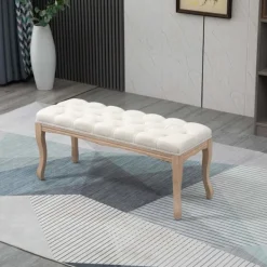 Northio Pallar>Stoppad Bänk För Sovrum Och Vardagsrum, Bröstbänk, Vintage Sängbänk, Gummiträ, Linne, Beige, 110X40X48Cm