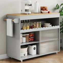 Köksö>Stor hopfällbar köksö vagn (122x46x91cm) med ekbänkskiva, glasskjutdörrar & justerbara hyllor – inkl. Handdukshållare