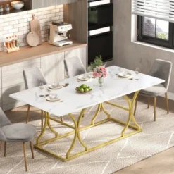 Matbord>Stort matbord 200x80cm, för upp till 10 personer, vattenresistent marmorlook med reptålig yta, guldfärgade metallben