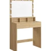 MST Sminkbord>Stort sminkbord med LED-belysning, spegel, lådor, ek Sonoma
