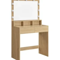 MST Sminkbord>Stort sminkbord med LED-belysning, spegel, lådor, ek Sonoma