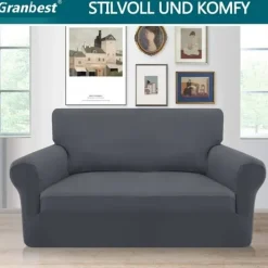 Generic Soffor>Stretch Sofföverdrag 2-sits, Allomfattande Halkfritt Sofföverdrag, Möbelöverdrag (2-sits, Grå)