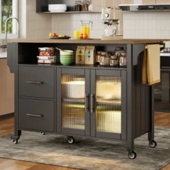 Köksö>Svart köksö med glasskåp & LED-belysning – multifunktionell serveringsvagn med arbetsyta och handdukshängare