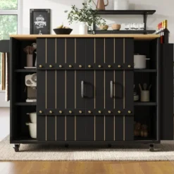 Köksö>Svart köksvagn med trästruktur – multifunktionell serveringsvagn med arbetsyta, kryddhylla och handdukshållare