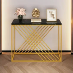 Sideboards>Svart vintage konsolbord med gyllene bas (100x35x77cm) – Högglans MDF för hall, entré & vardagsrum