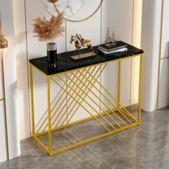 Sideboards>Svart vintage konsolbord med gyllene bas (100x35x77cm) – Högglans MDF för hall, entré & vardagsrum