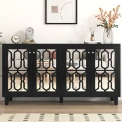 Sideboards>Svarta spegeldekorationer med coola kristallhandtag, fyra dörrar, med flyttbart laminat. För vardagsrum och matsal, 160 x 40 x 84 cm