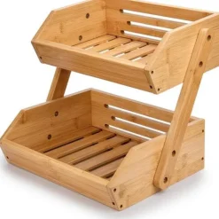 Hyllor>2-Tier Bamboo Fruit Basket Bread Basket Vegetable Storage Snack Stand for Kitchen and Office
