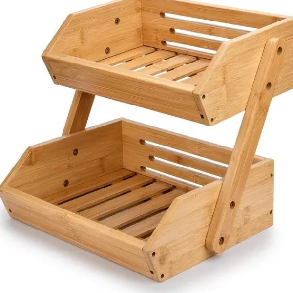Hyllor>2-Tier Bamboo Fruit Basket Bread Basket Vegetable Storage Snack Stand for Kitchen and Office
