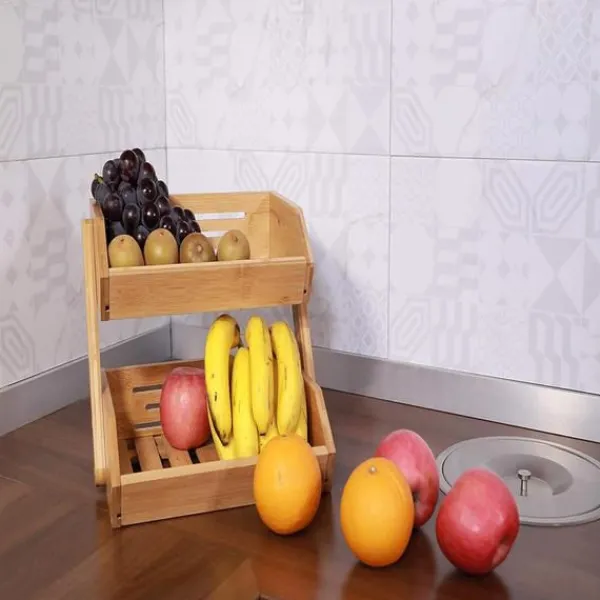 Hyllor>2-Tier Bamboo Fruit Basket Bread Basket Vegetable Storage Snack Stand for Kitchen and Office