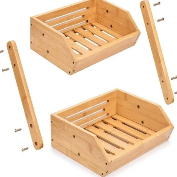 Hyllor>2-Tier Bamboo Fruit Basket Bread Basket Vegetable Storage Snack Stand for Kitchen and Office