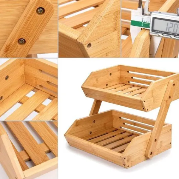 Hyllor>2-Tier Bamboo Fruit Basket Bread Basket Vegetable Storage Snack Stand for Kitchen and Office
