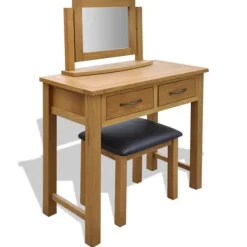 vidaXL Sminkbord>Toalettbord med pall massiv ek