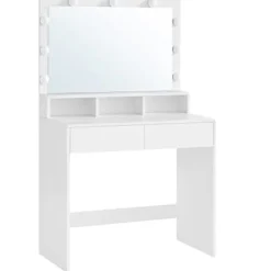 Pavil Sminkbord>Toalettbord Vanity Table med 9 Led -glödlampor Och Spegel Justerbar Ljusstyrka 2 Lådor Och 3 Öppna Facklådor Moderna Vita