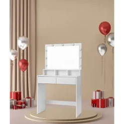 Pavil Sminkbord>Toalettbord Vanity Table med 9 Led -glödlampor Och Spegel Justerbar Ljusstyrka 2 Lådor Och 3 Öppna Facklådor Moderna Vita