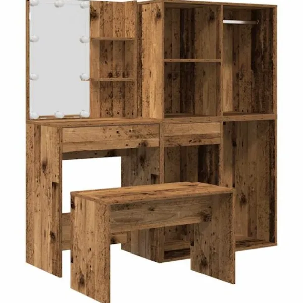 vidaXL Sminkbord>Toalettbordsset med LED gammalt trä konstruerat trä