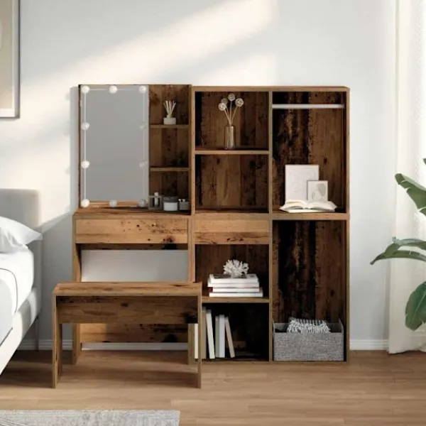 vidaXL Sminkbord>Toalettbordsset med LED gammalt trä konstruerat trä