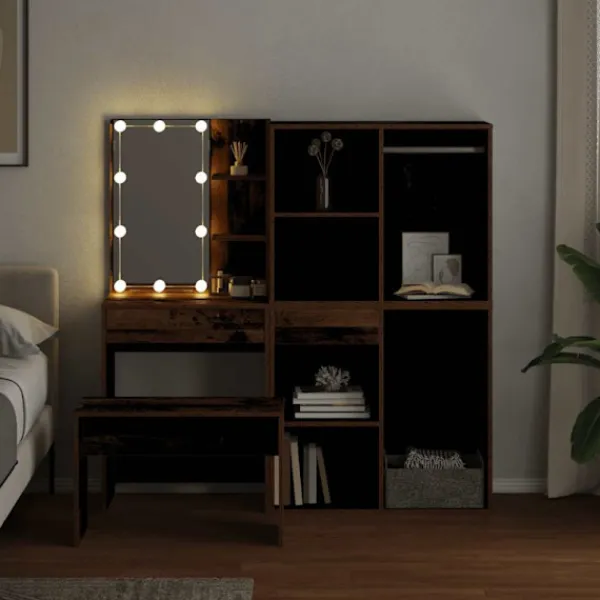 vidaXL Sminkbord>Toalettbordsset med LED gammalt trä konstruerat trä