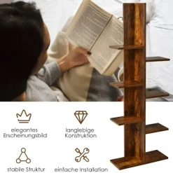 Northix Hyllor>Trädformad bokhylla med 8 hyllor, fristående hylla, kontorshylla, 50 x 20 x 141 cm, brun