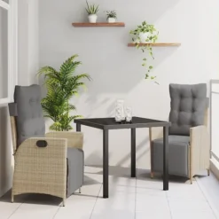 vidaXL Balkongmöbler>Trädgårdsmöbelset med kudde 3 pcs Beige konstrotting