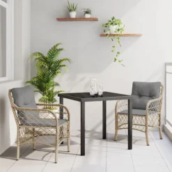 vidaXL Balkongmöbler>Trädgårdsmöbelset med kudde 3 pcs Beige Poly rattan