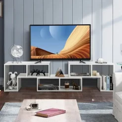 Tv-Bänkar>TV-bänk i 3 delar med hyllor och förvaring – Vit