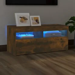 vidaXL Tv-Bänkar>Tv-bänk med LED-belysning rökfärgad ek 90x35x40 cm
