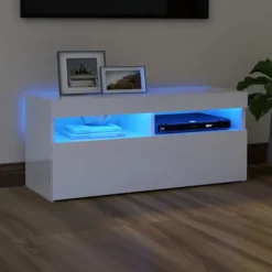 vidaXL Tv-Bänkar>TV-bänk med LED-belysning vit högglans 90x35x40 cm