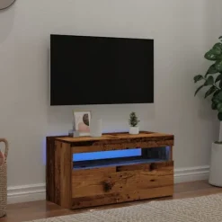 vidaXL Tv-Bänkar>TV-bänk med LED-lampor åldrat trä 75x35x40 cm konstruerat trä
