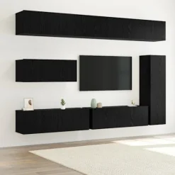 vidaXL Tv-Bänkar>TV-bänkset Väggmonterad 7 pcs Svart Ek Konstruerat trä
