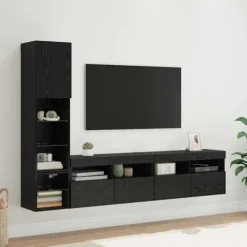 vidaXL Tv-Bänkar>TV-väggmodul med LED -remsljus 4 pcs Svart Ek Konstruerat trä