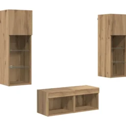 vidaXL Tv-Bänkar>TV-väggskåp med LED -remsljus 4 pcs Svart Ek Konstruerat trä