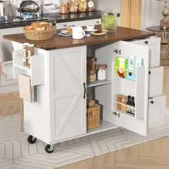 Köksö>Utdragbar Köksö - Mobil Serveringsvagn med Utdragbar Bänkskiva, 2 Dörrar & 3 Lådor, Trämönsterdesign