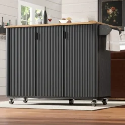 Köksö>Utdragbar köksö med hjul | Köksvagn 130x45(75)x92cm | Med kryddhylla, handdukshängare & 3 dörrar | Vit/Svart träådring