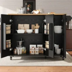 Köksö>Utdragbar köksö med hjul | Köksvagn 130x45(75)x92cm | Med kryddhylla, handdukshängare & 3 dörrar | Vit/Svart träådring