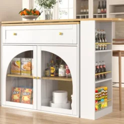 Köksö>Utdragbart barbord, 360° roterbart, 138-204x39x104cm, med förvaringsutrymme och glas, högt bord för köksö, vit