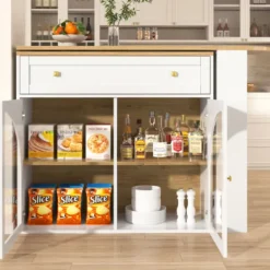 Köksö>Utdragbart barbord, 360° roterbart, 138-204x39x104cm, med förvaringsutrymme och glas, högt bord för köksö, vit