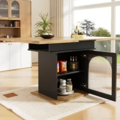 Köksö>Utdragbart matbord (teleskopbord) med 3 hyllor, 140x80cm, platsbesparande, natur & svart, för kök/vardagsrum
