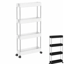 Hyllor>Vagn, smal förvaringsvagn på hjul 4 hyllor Vit