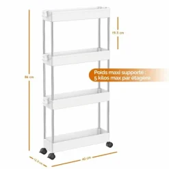 Hyllor>Vagn, smal förvaringsvagn på hjul 4 hyllor Vit