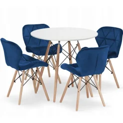 Valora Matgrupper>KOVA Vitt runt bordsset med 4 marinblå WAKO-stolar