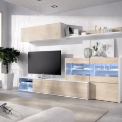 Tv-Bänkar>Vardagsrumsmöbelset med LED-fönster - Ek och vit dekor - L 260 x D 41 x H 180 cm - UMA