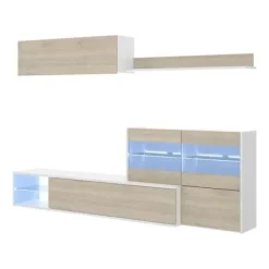 Tv-Bänkar>Vardagsrumsmöbelset med LED-fönster - Ek och vit dekor - L 260 x D 41 x H 180 cm - UMA