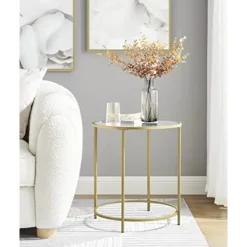 Pavil Småbord>Vasagle rund sidobord, härdat glasändbord med gyllene metallram, litet soffbord, guld